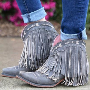 Women Slip On Retro Square Heel Solid Color Suede Boots Point Toe Tassel Shoes