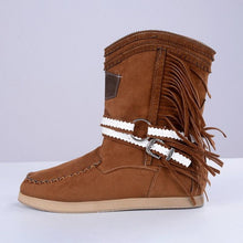 Load image into Gallery viewer, Fringe Midden Laarzen Vrouwen Sexy Kwastje Laarzen Mode Gesp Motorlaarzen Platte Hak Laars Vrouwen Cowboy Stijl  Boot