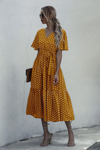 Dot Print V Neck Women Boho Style Summer Beach Long Dress