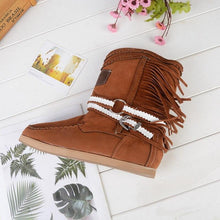 Load image into Gallery viewer, Fringe Midden Laarzen Vrouwen Sexy Kwastje Laarzen Mode Gesp Motorlaarzen Platte Hak Laars Vrouwen Cowboy Stijl  Boot