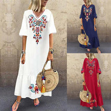 Load image into Gallery viewer, Women Casual Boho Floral Embroidery V-Neck Ruffled Linen Maxi Kaftan Midi Dresses