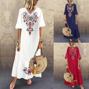 Women Casual Boho Floral Embroidery V-Neck Ruffled Linen Maxi Kaftan Midi Dresses