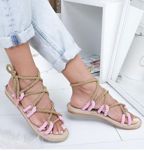Women Fashion Summer Flat Shoes Colorful Hemp Rope Lace Up Gladiator Sandals