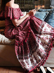 Bohemian Tassel Off The Shoulder Dress Floral Print Maxi Hippie Long Dress