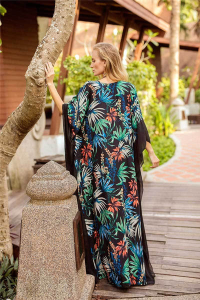 Tropical Floral Print Kaftans Batwing Sleeve V-neck Beach Caftans Dress
