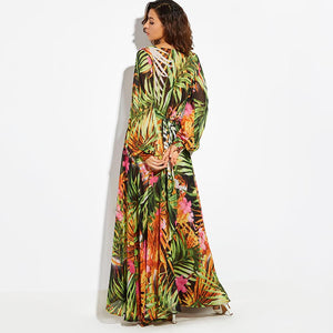 Maxi Boho OrangeTropical Floral Belt Plus Size Long Dress