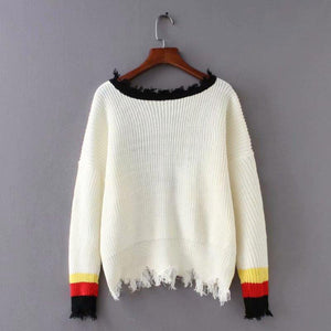 Solid Color Long Sleeve Deep V Neck Tassels Sweater