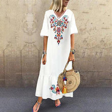 Load image into Gallery viewer, Women Casual Boho Floral Embroidery V-Neck Ruffled Linen Maxi Kaftan Midi Dresses