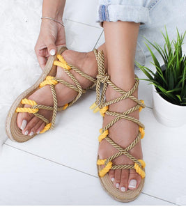 Women Fashion Summer Flat Shoes Colorful Hemp Rope Lace Up Gladiator Sandals
