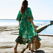 Load image into Gallery viewer, Boho Forest Print Fluted Sleeves Frill Summer Dress V-neck Tied Beach Dress for Women Chic Gypsy Boho Dress