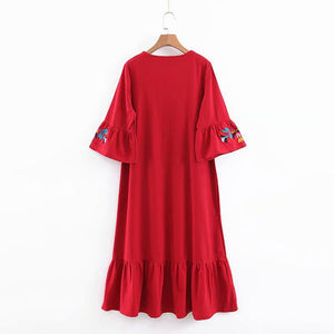 Women Casual Boho Floral Embroidery V-Neck Ruffled Linen Maxi Kaftan Midi Dresses