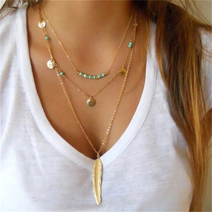 Boho Feather Leaf Multilayer Chocker Necklace Jewelry