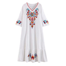 Load image into Gallery viewer, Women Casual Boho Floral Embroidery V-Neck Ruffled Linen Maxi Kaftan Midi Dresses