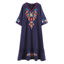 Load image into Gallery viewer, Women Casual Boho Floral Embroidery V-Neck Ruffled Linen Maxi Kaftan Midi Dresses