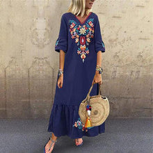 Load image into Gallery viewer, Women Casual Boho Floral Embroidery V-Neck Ruffled Linen Maxi Kaftan Midi Dresses