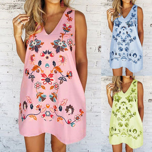 Floral Print  Women Fashion V-neck Sleeveless Casual Loose Summer  Loose A-line Party Dress