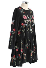 Load image into Gallery viewer, Black Loose Floral Embroidered Long Sleeve Round Neck Mini Dress