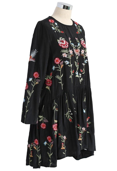 Black Loose Floral Embroidered Long Sleeve Round Neck Mini Dress