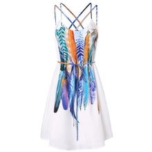 Load image into Gallery viewer, Women Casual Printed Feathers Pattern Dress Cami Strap Loose Sashes fashion Mini dress women