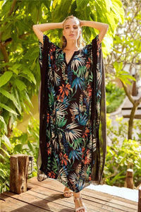Tropical Floral Print Kaftans Batwing Sleeve V-neck Beach Caftans Dress