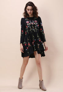 Black Loose Floral Embroidered Long Sleeve Round Neck Mini Dress