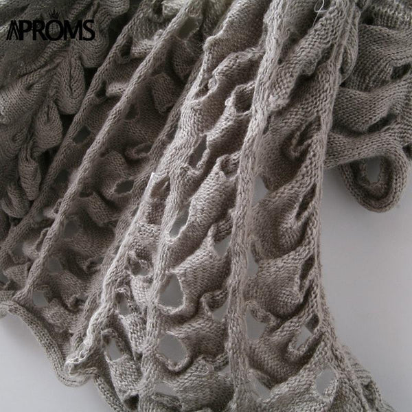 White Gray Patchwork Knitted Cardigan Women Elegant Hollow Out Long Sleeve Christmas Sweater Winter Fashion Outwear Coat