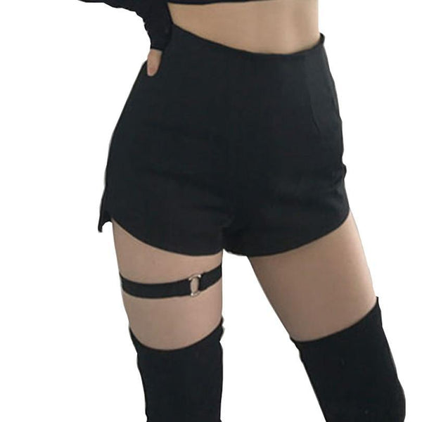 High Waist Women Summer Black Goth Girls Harness Thigh Belt Strap Sexy Punk Shorts