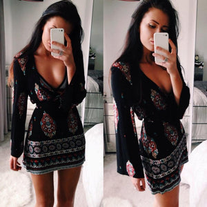 Spring Women's Fashion Printed V-neck Horn Long Sleeve Retro Style Party Sexy Dress