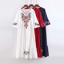 Load image into Gallery viewer, Women Casual Boho Floral Embroidery V-Neck Ruffled Linen Maxi Kaftan Midi Dresses