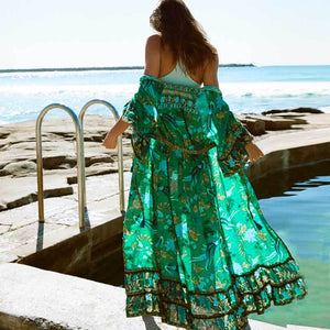 Boho Forest Print Fluted Sleeves Frill Summer Dress V-neck Tied Beach Dress for Women Chic Gypsy Boho Dress