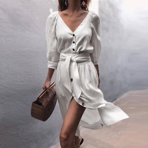 Casual Solid Color V Neck Three-quarter Sleeve Button Lace-Up Midi Dress
