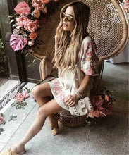 Load image into Gallery viewer, Floral Embroidery V-neck Tassel Puff Sleeves Boho Mini Dress