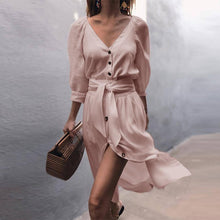 Load image into Gallery viewer, Casual Solid Color V Neck Three-quarter Sleeve Button Lace-Up Midi Dress