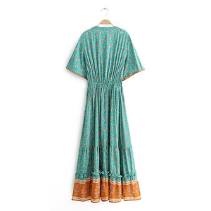 Jastie Vintage Print Maxi Dress Waist tie Ruffle Hem Boho Dresses Women Beach Long Dresses V-Neck Short Sleeve Summer Dress