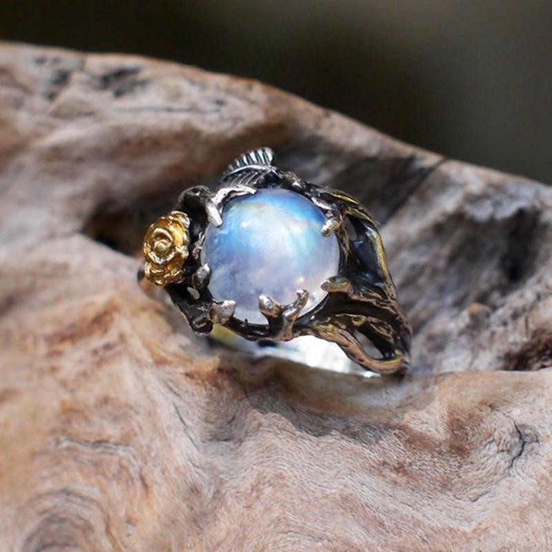 Vintage Moonstone Ring For Women Black Jewelry Gold Flower Finger Ring Female Charming Jewelry