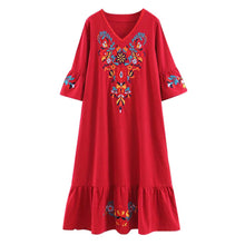 Load image into Gallery viewer, Women Casual Boho Floral Embroidery V-Neck Ruffled Linen Maxi Kaftan Midi Dresses