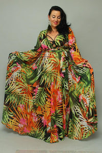 Maxi Boho OrangeTropical Floral Belt Plus Size Long Dress