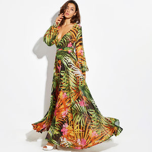 Maxi Boho OrangeTropical Floral Belt Plus Size Long Dress
