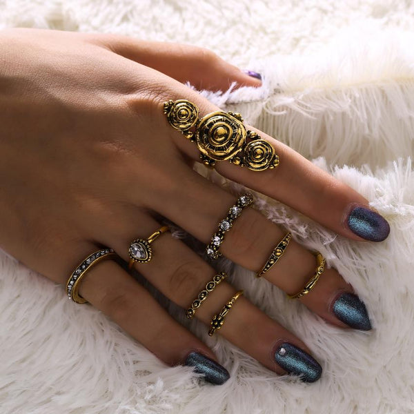 Bohemia Vintage Jewelry Carving Tibetan Gold Color 8PCS Set Punk Boho Ring Sets