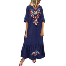 Load image into Gallery viewer, Women Casual Boho Floral Embroidery V-Neck Ruffled Linen Maxi Kaftan Midi Dresses