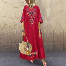 Load image into Gallery viewer, Women Casual Boho Floral Embroidery V-Neck Ruffled Linen Maxi Kaftan Midi Dresses