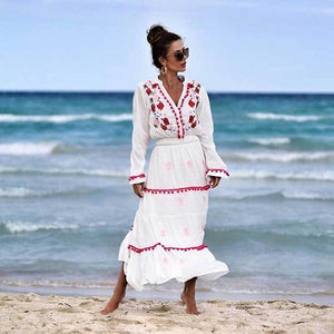 Floral Embroidered Hippie White Long Sleeve Pompom Maxi Dress