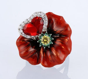 Enamel Cloisonne Red Flower Leaf Heart Cubic Zirconia Luxury Jewelry For Women Big Crystals Gift For Girls Engagement Rings