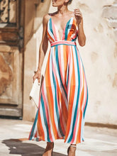 Load image into Gallery viewer, Colorful Striped Print V Neck Backless Sexy Long Dress