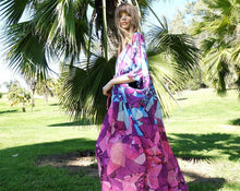 Load image into Gallery viewer, Floral Purple Chiffon Batwing Sleeve Beach Kimono With Belt Dress Cover-up