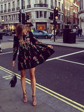 Load image into Gallery viewer, Black Loose Floral Embroidered Long Sleeve Round Neck Mini Dress