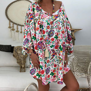 Women's Summer Boho Vintage Floral Print Deep V Neck Beach Mini Dresses