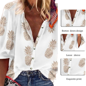 Women Blouse Sexy V-Neck Tops Pineapple Printed Shirts