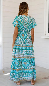 Designer Women's Summer Holiday Dress Retro Printed V-neck Long Dress