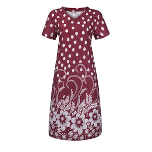 Summer Dot Floral Print V-Neck Short Sleeves Midi Dress